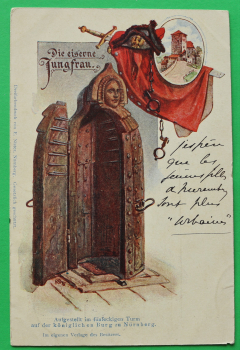 AK Nürnberg / 1903 / Die Eiserne Jungfrau / Folter / K. B. Bahnpost Stempel